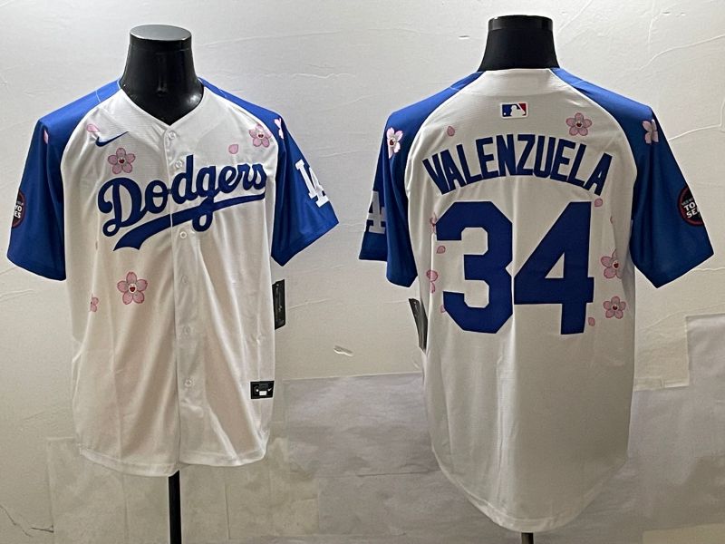Men Los Angeles Dodgers #34 Valenzuela White Blue Sakura Edition 2025 Nike MLB Jersey style 1->los angeles dodgers->MLB Jersey